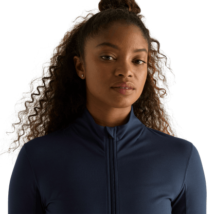 Women's Night Navy Matte Zip-Up Jacket Front Detail Angle.