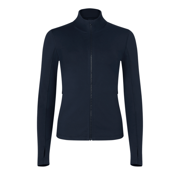 Women's Night Navy Matte Zip-Up Jacket Front Silhouette Angle.