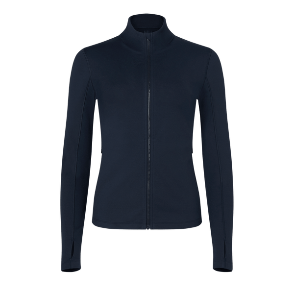 Women's Night Navy Matte Zip-Up Jacket Front Silhouette Angle.