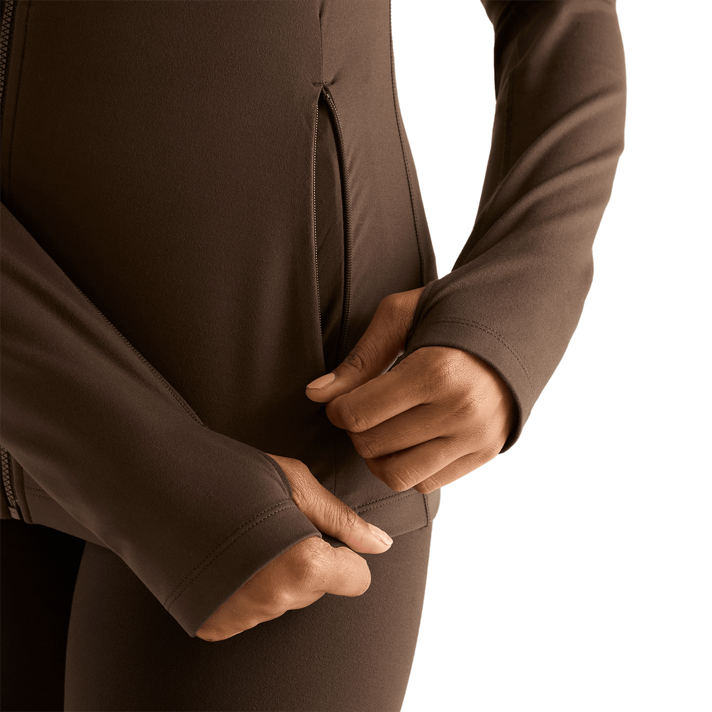 Women's Chocolate Matte Zip-Up Jacket Pocket Zipper Detail Angle.