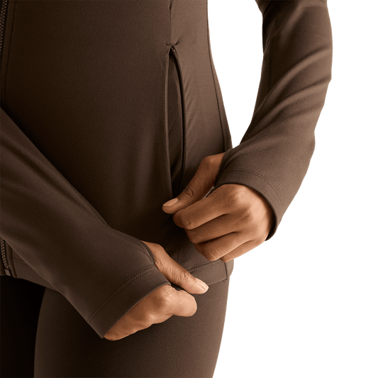 Women's Chocolate Matte Zip-Up Jacket Pocket Zipper Detail Angle.