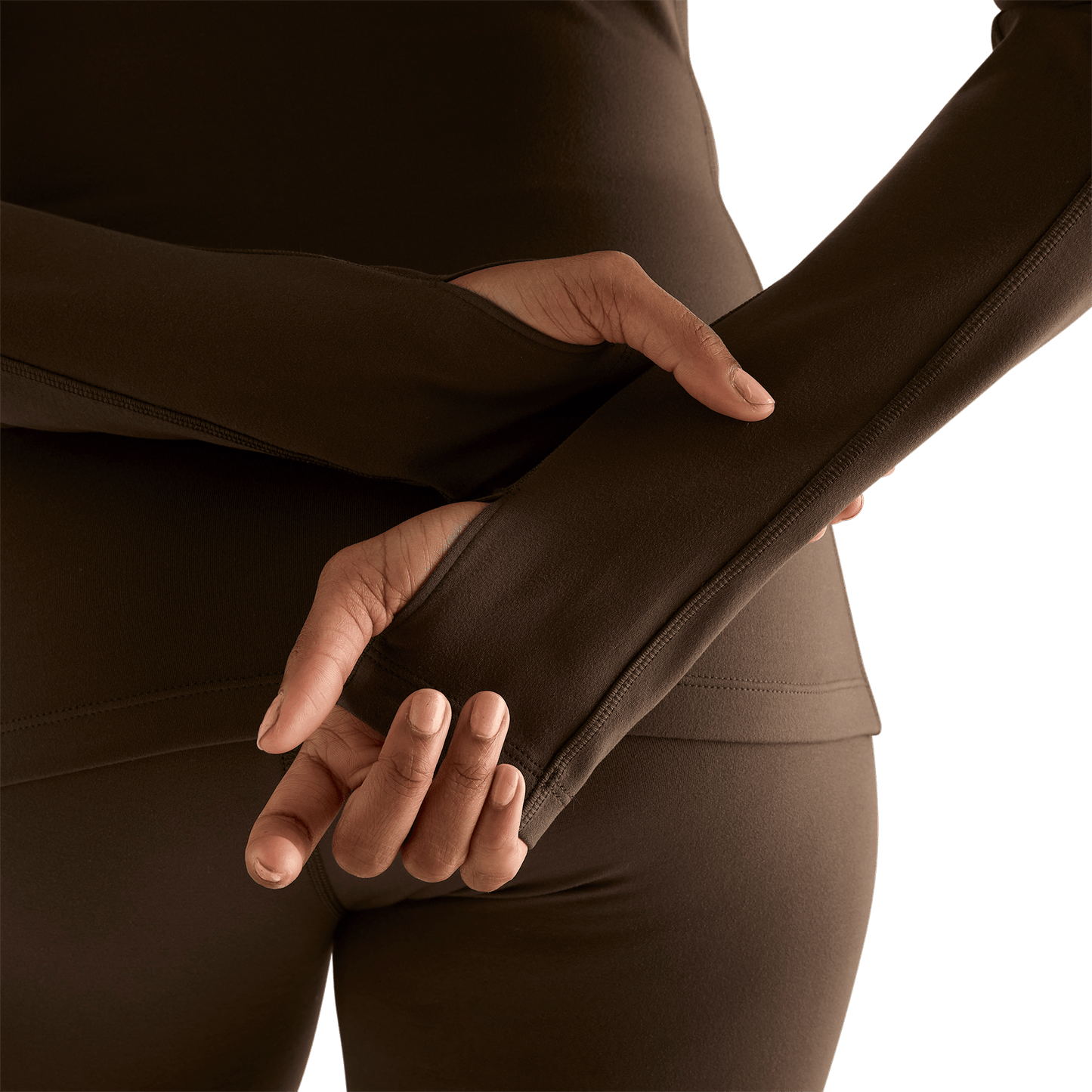 Women's Chocolate Matte Zip-Up Jacket Thumb Hole Angle.