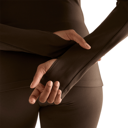 Women's Chocolate Matte Zip-Up Jacket Thumb Hole Angle.