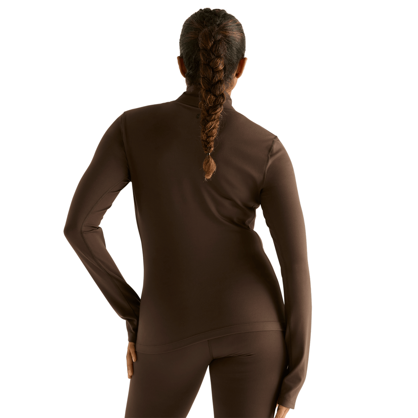 Women's Chocolate Matte Zip-Up Jacket Back Angle.