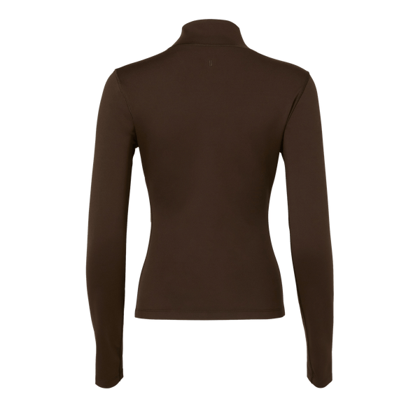 Women's Chocolate Matte Zip-Up Jacket Back Silhouette Angle.
