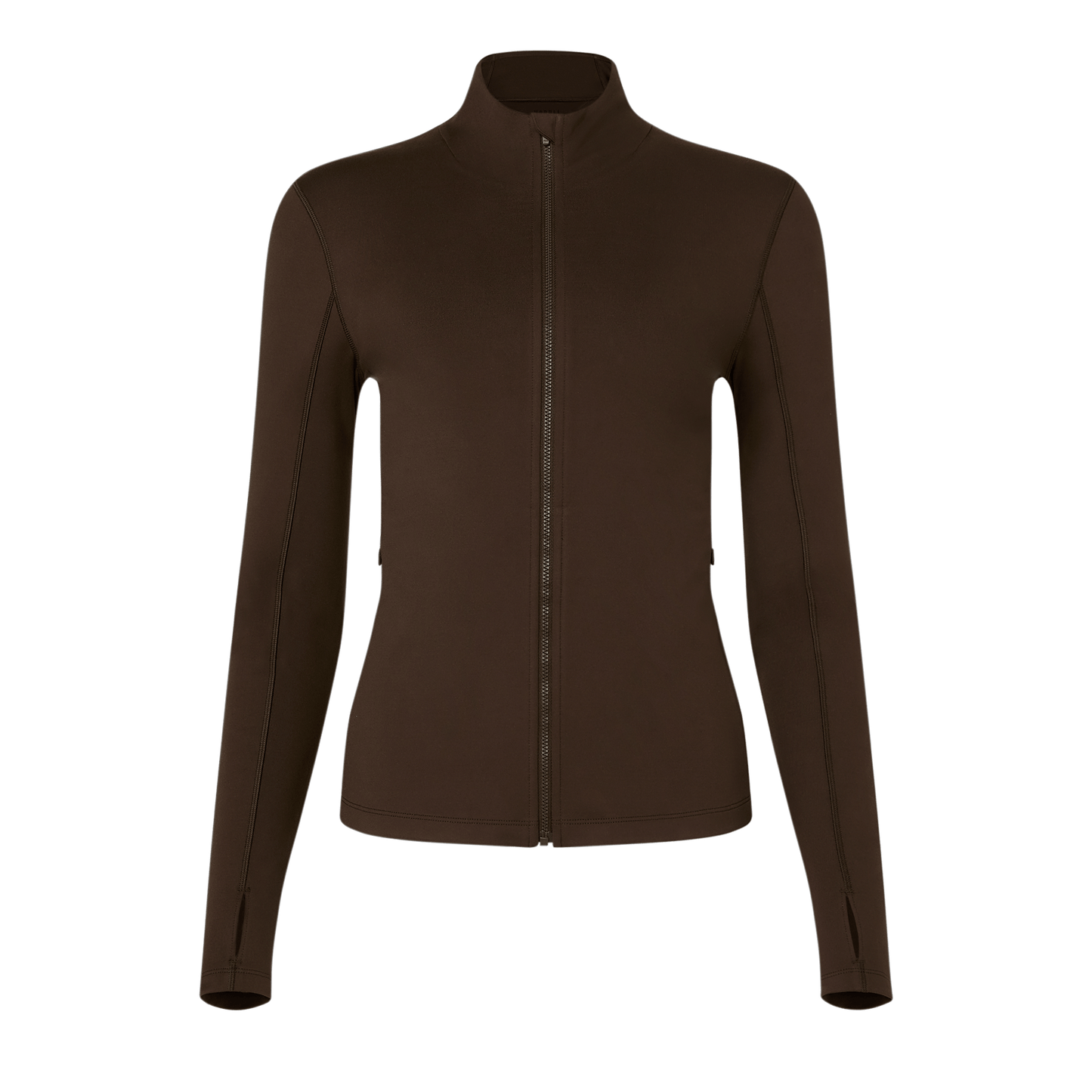 Women's Chocolate Matte Zip-Up Jacket Front Silhouette Angle.