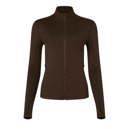 Women's Chocolate Matte Zip-Up Jacket Front Silhouette Angle.
