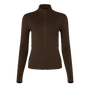 Women's Chocolate Matte Zip-Up Jacket Front Silhouette Angle.