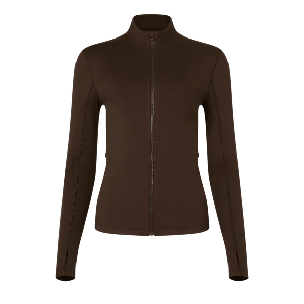 Women's Chocolate Matte Zip-Up Jacket Front Silhouette Angle.