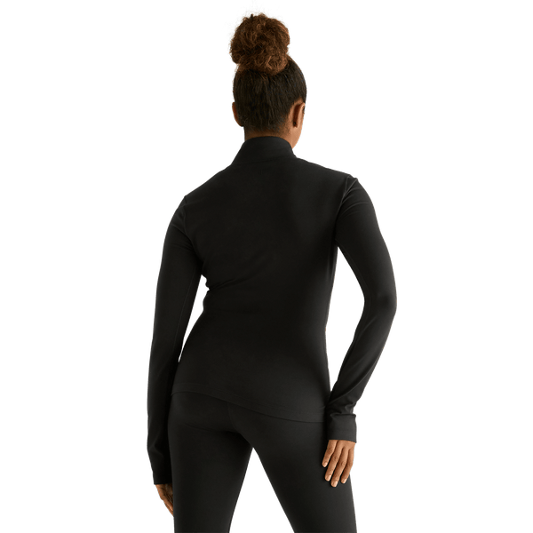 Women's Black Matte Zip-Up Jacket Back Angle.