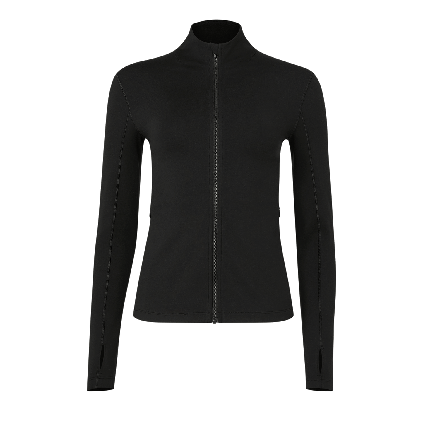 Women's Black Matte Zip-Up Jacket Front Silhouette Angle.
