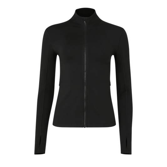 
                        Women's Black Matte Zip-Up Jacket Front Silhouette Angle.
                      