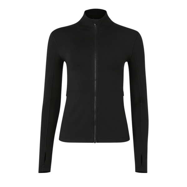 Women's Black Matte Zip-Up Jacket Front Silhouette Angle.