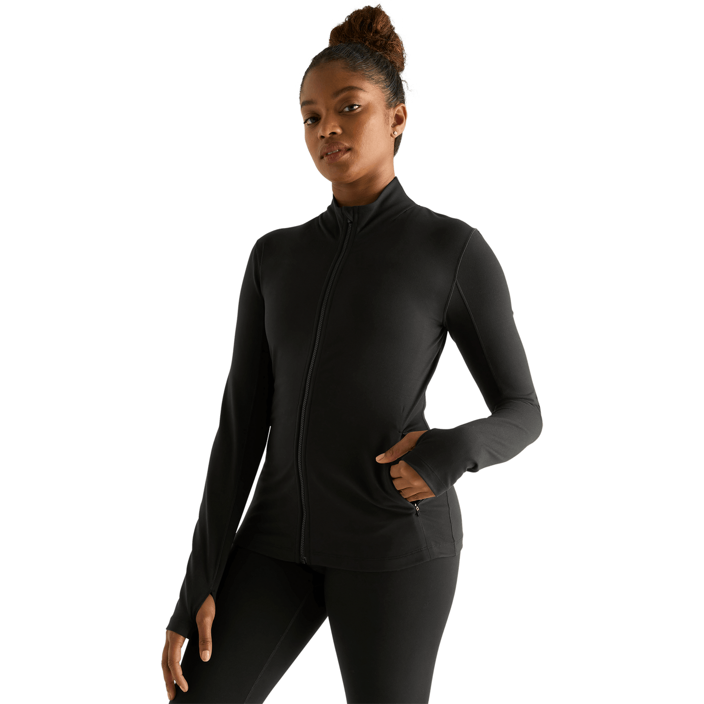 Women's Black Matte Zip-Up Jacket Front Fully Zipped Angle.