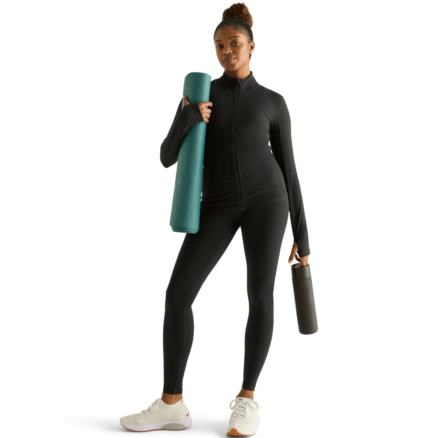 Women's Black Matte Zip-Up Jacket Front Full Body Angle.