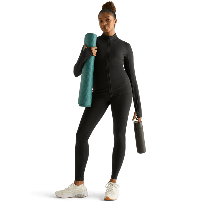 Women's Black Matte Zip-Up Jacket Front Full Body Angle.