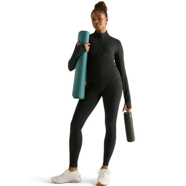 Women's Black Matte Zip-Up Jacket Front Full Body Angle.