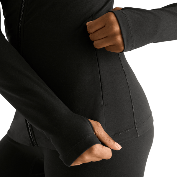 Women's Black Matte Zip-Up Jacket Pocket Detail Angle.