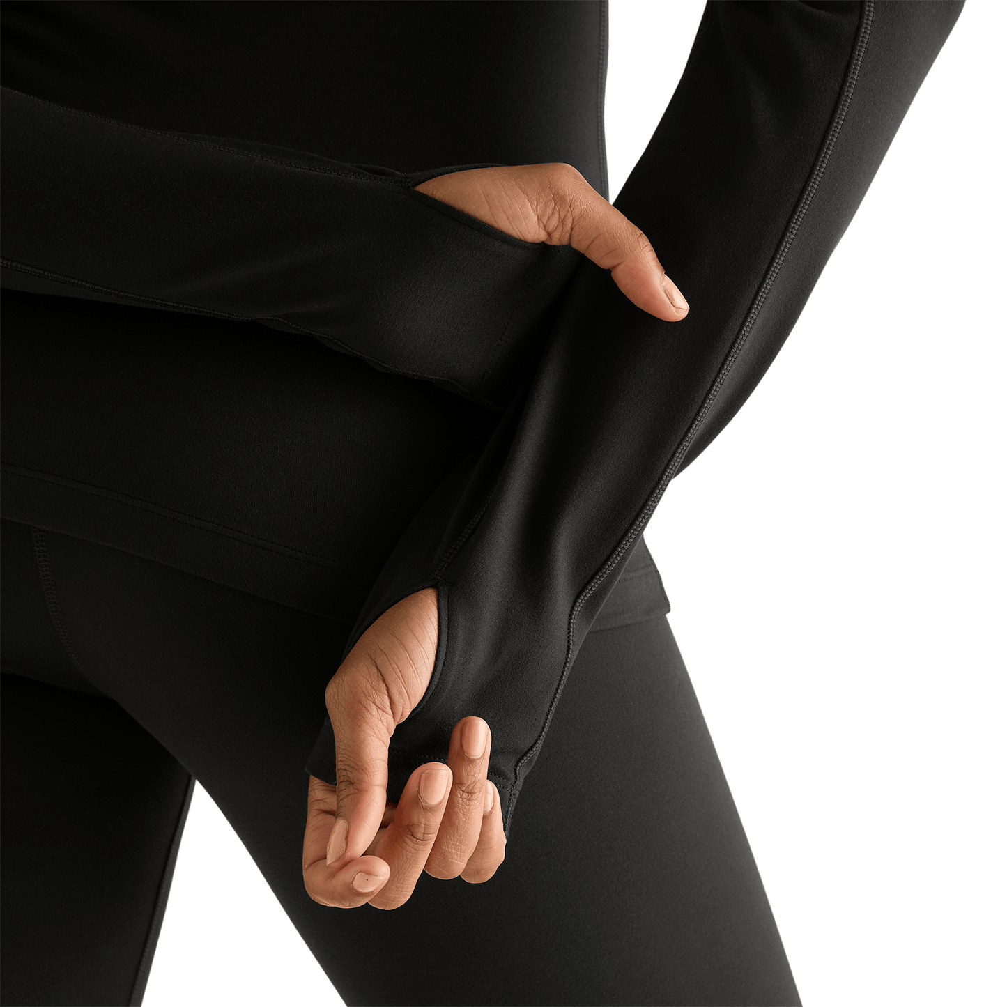 Women's Black Matte Zip-Up Jacket Front Thumb Hole Angle.