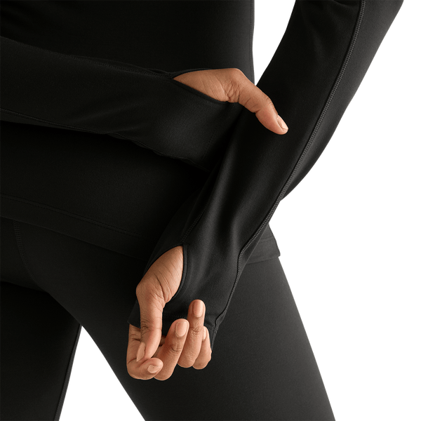 Women's Black Matte Zip-Up Jacket Front Thumb Hole Angle.