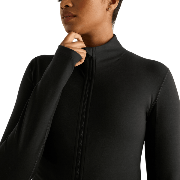 Women's Black Matte Zip-Up Jacket Front Detail Angle.