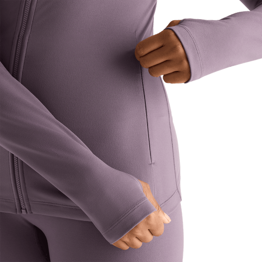 Women's Black Plum Matte Zip-Up Jacket Pocket Detail Angle.