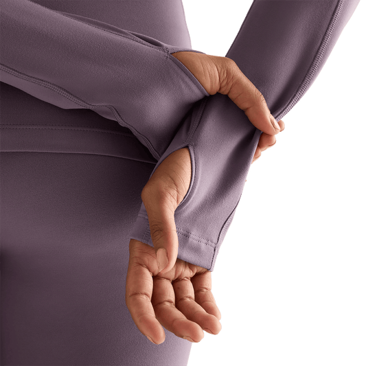 Women's Black Plum Matte Zip-Up Jacket Thumb Hole Detail Angle.