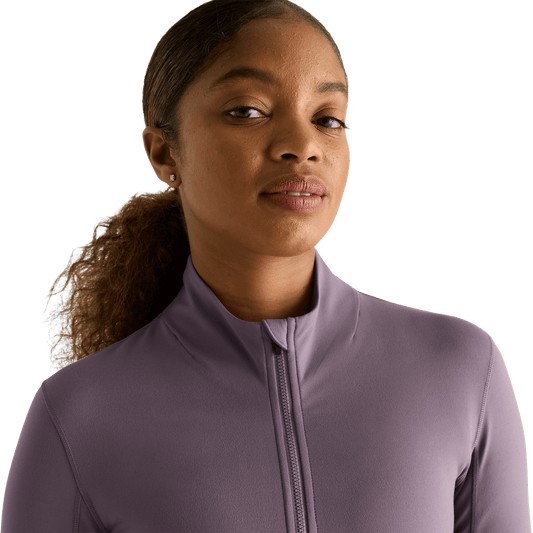 Women's Black Plum Matte Zip-Up Jacket Front Detail Angle.