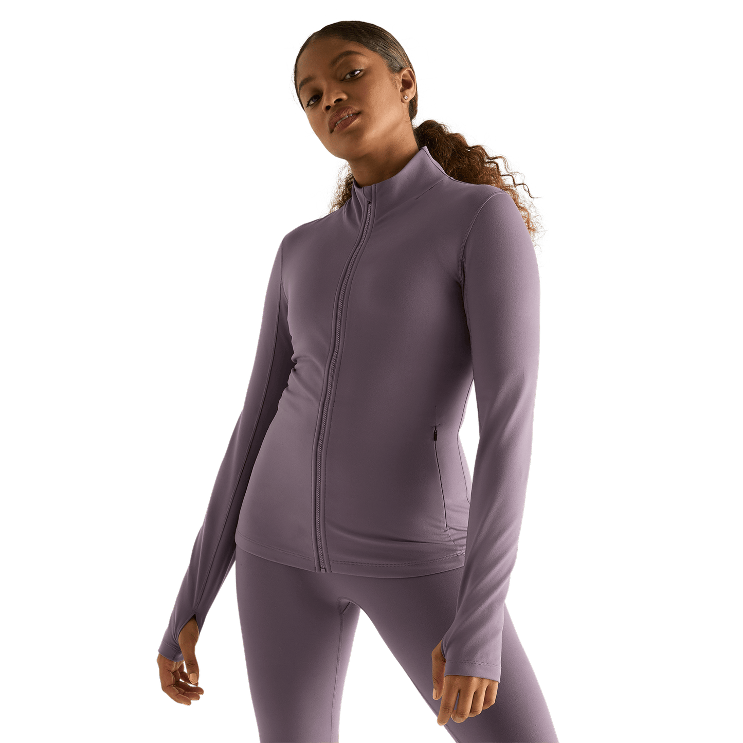 Women's Black Plum Matte Zip-Up Jacket Front Angle.