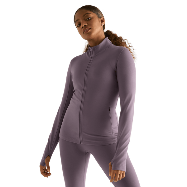 Women's Black Plum Matte Zip-Up Jacket Front Angle.