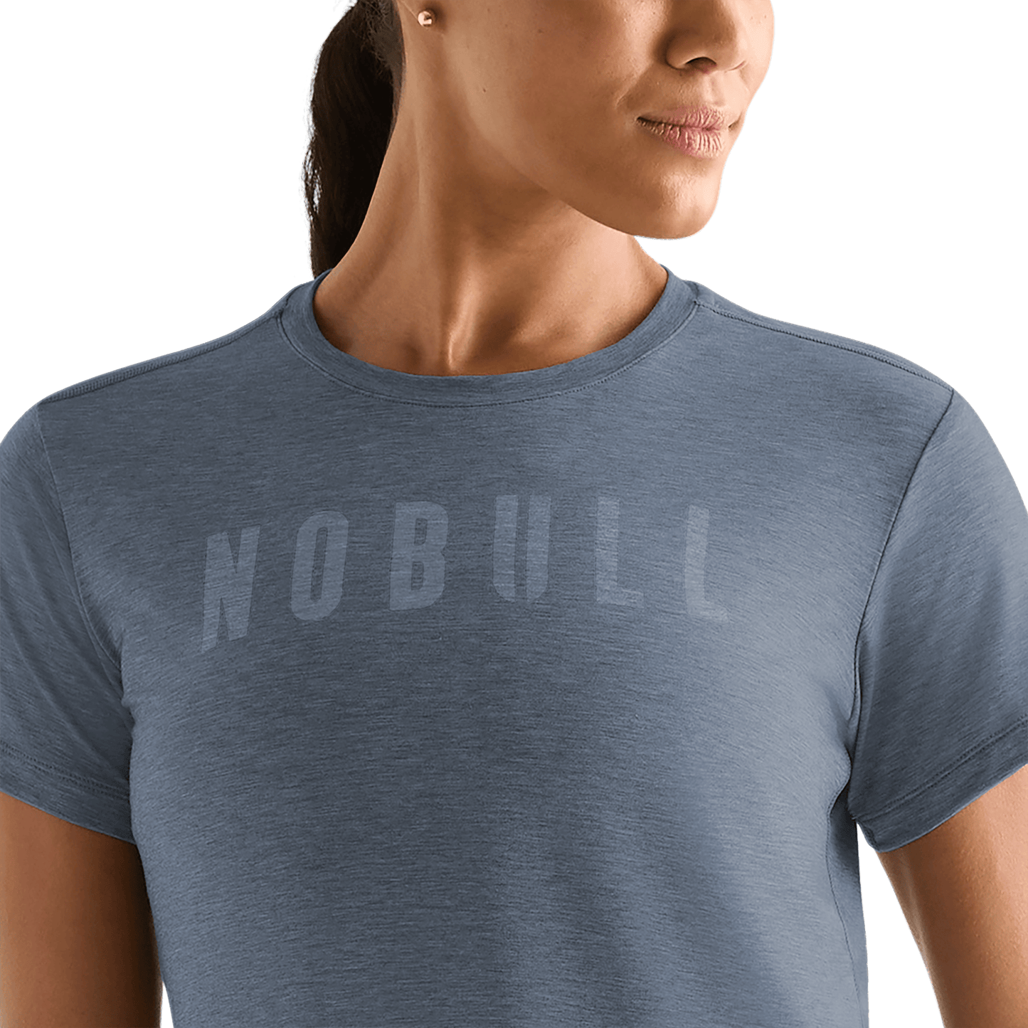 Women's Dusty Blue Heather NOBULL Boxy Tee Detail Angle.