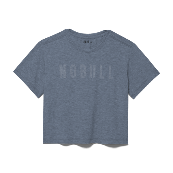 Women's Dusty Blue Heather NOBULL Boxy Tee Flat Lay Angle.