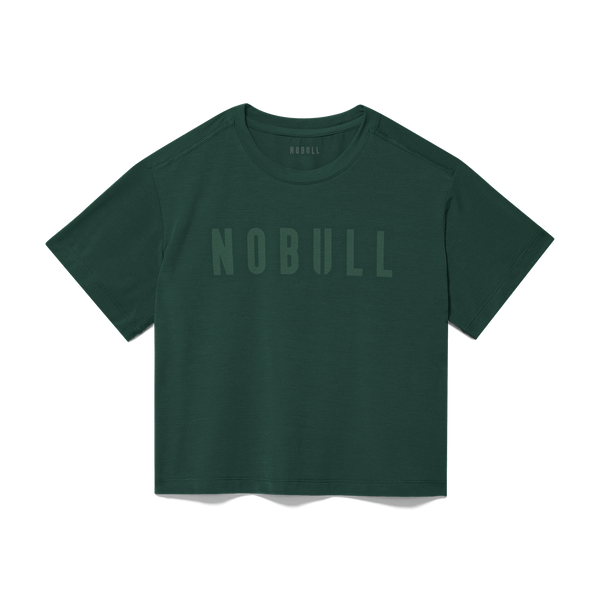 Women's Dark Ivy NOBULL Boxy Tee Flat Lay Angle.