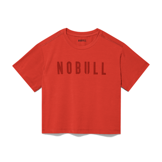 Women's Crimson NOBULL Boxy Tee Flat Lay Angle.