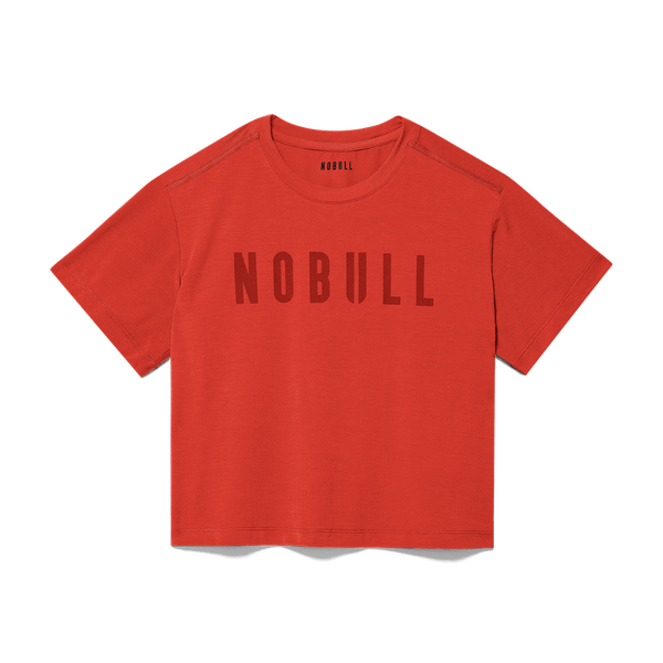 Women's Crimson NOBULL Boxy Tee Flat Lay Angle.