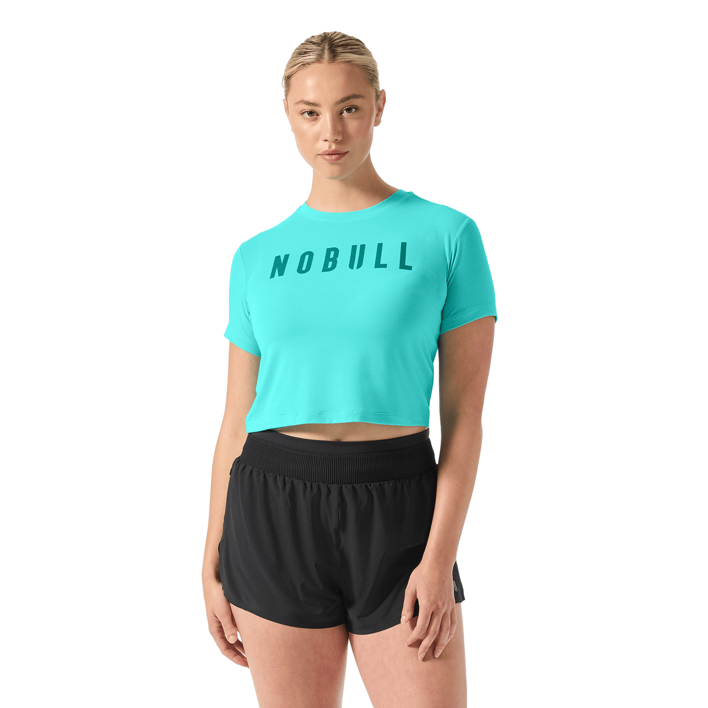 Women's Aqua Wash NOBULL Boxy Tee Front Waist Up Angle.