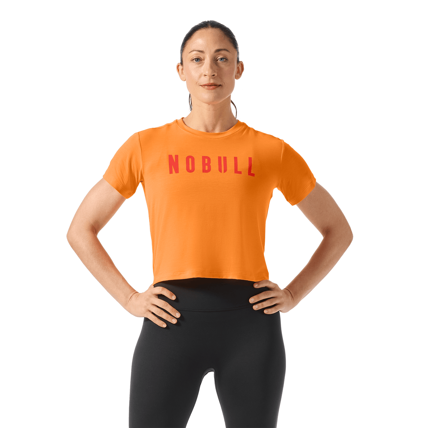 Women's Flare NOBULL Boxy Tee Front Waist Up Angle.
