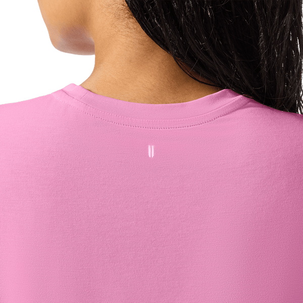Women's Soft Pink Boxy Tee Back Detail Angle.