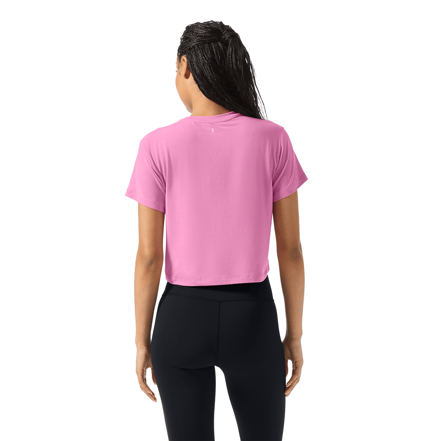 Women's Soft Pink Boxy Tee Back Waist Up Angle.