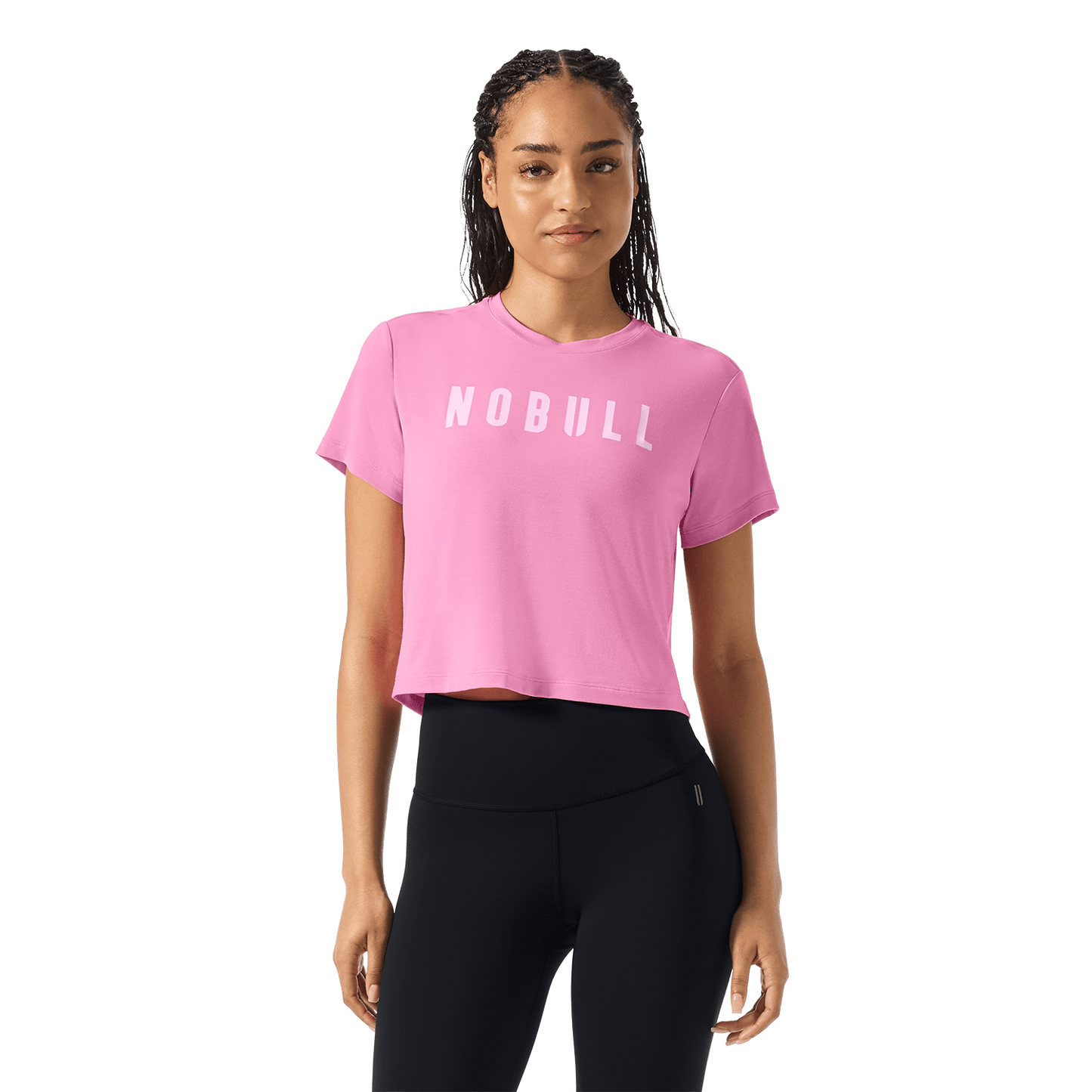 Women's Soft Pink Boxy Tee Front Waist Up Angle.