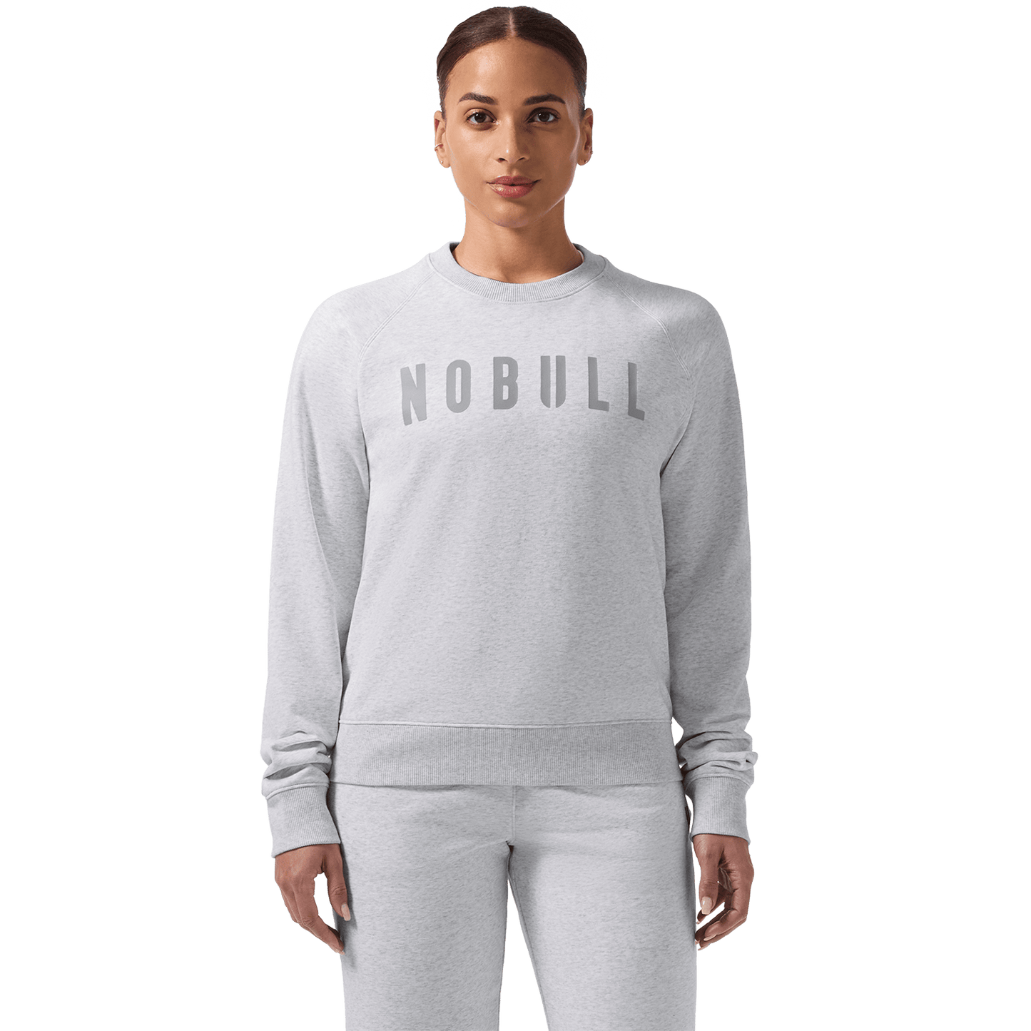 Women's Light Grey Heather NOBULL Crew Front On Body Angle.