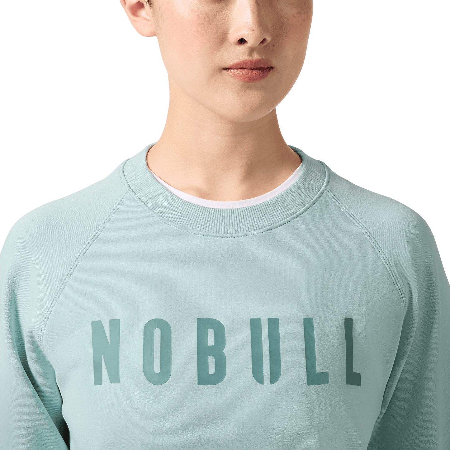 Blue Haze NOBULL Crew Sweatshirt Front Detail Angle.