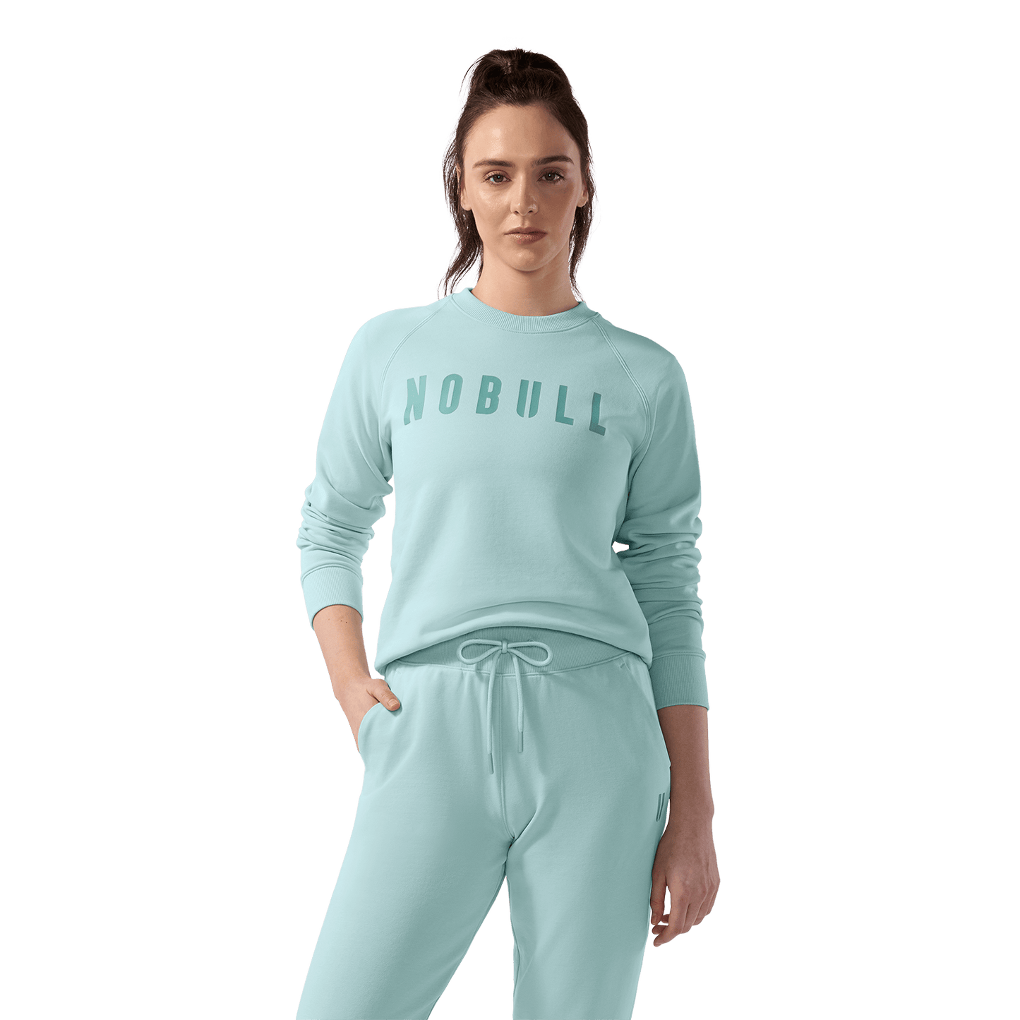 Women's Blue Haze NOBULL Crew Sweatshirt Front On Body Angle.