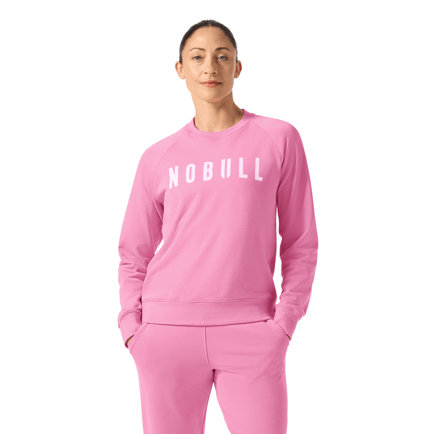 Women's Soft Pink NOBULL Crew Front Waist Up Angle.