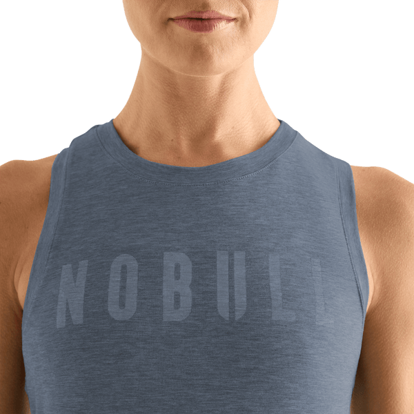 Women's Dusty Blue Heather Fitted Tank Detail Angle.