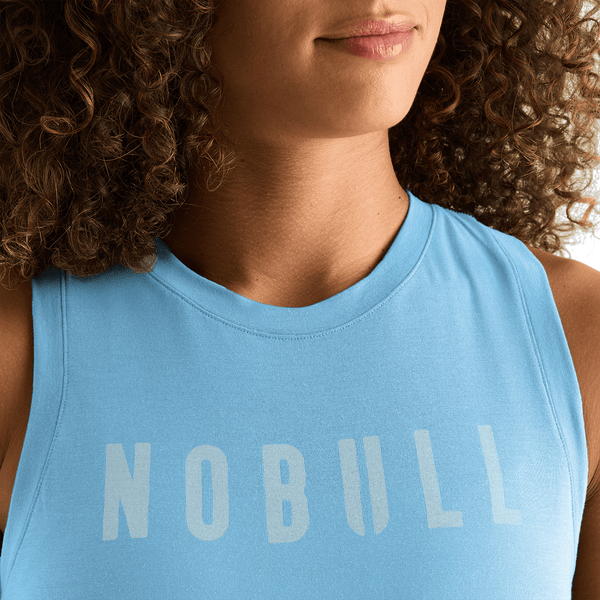Women's Alaskan Blue Fitted Tank Front Detail Angle.