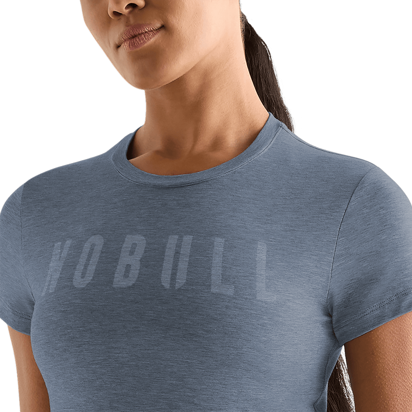 Women's Dusty Blue Heather NOBULL Fitted Tee Detail Angle.
