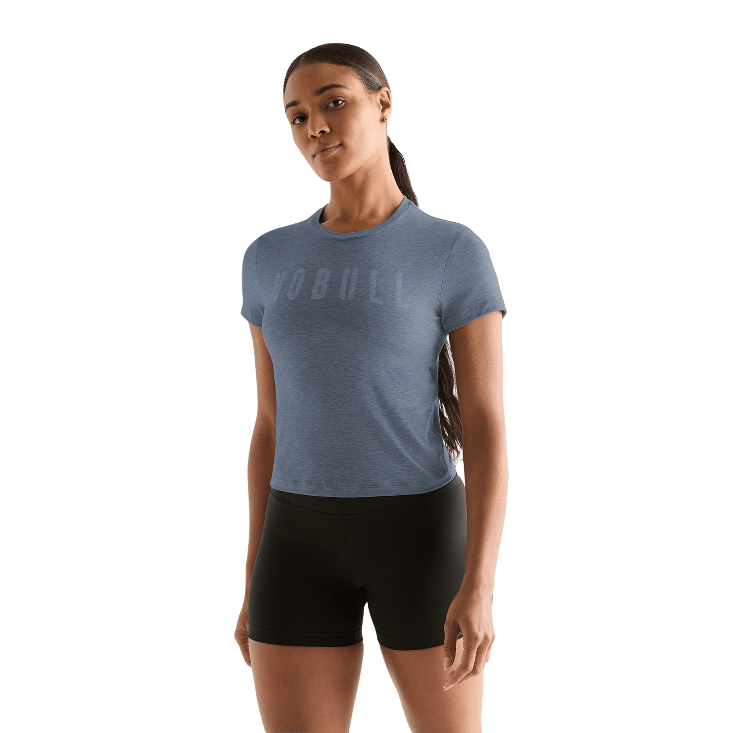 Women's Dusty Blue Heather NOBULL Fitted Tee Front Angle.
