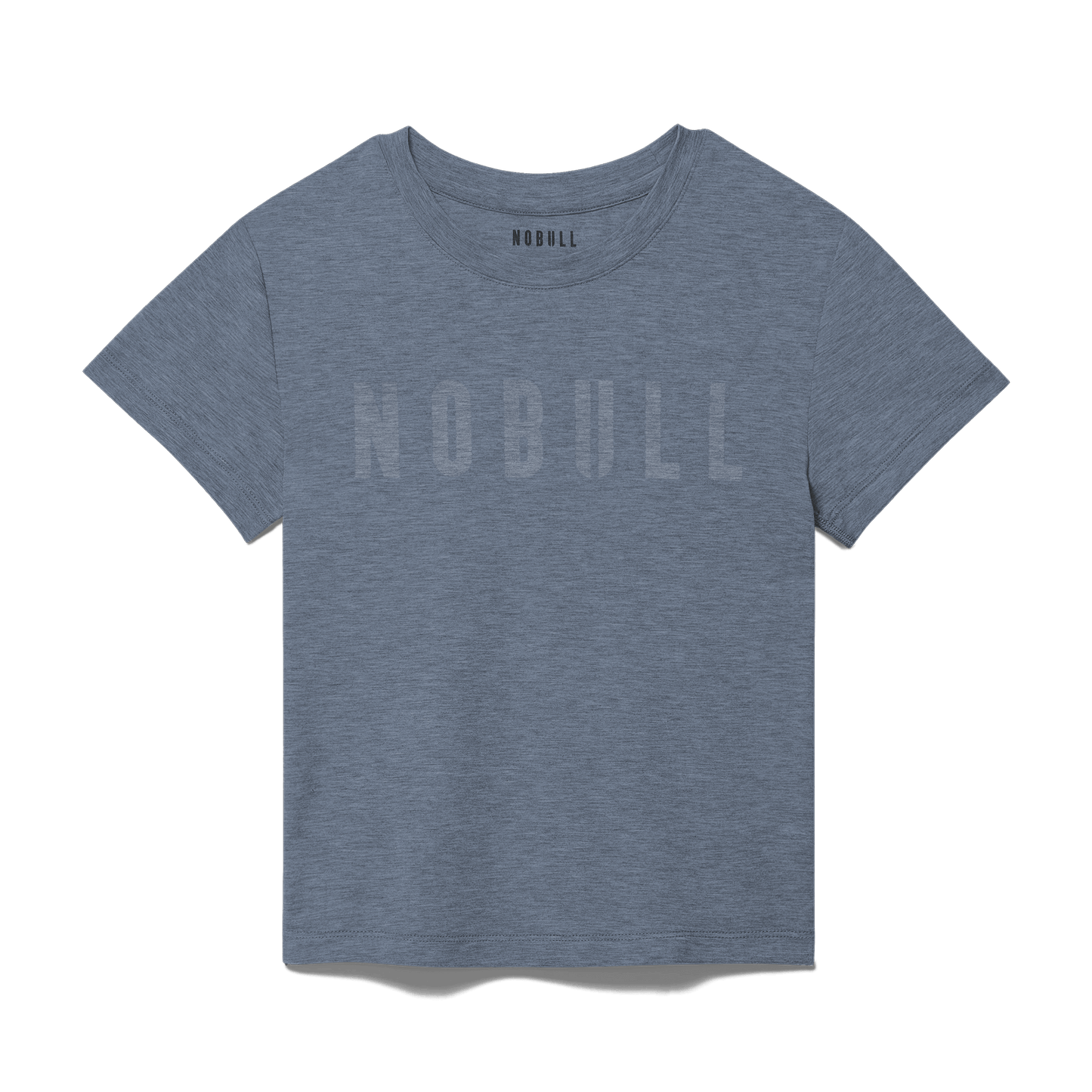 Women's Dusty Blue Heather NOBULL Fitted Tee Flat Lay Angle.
