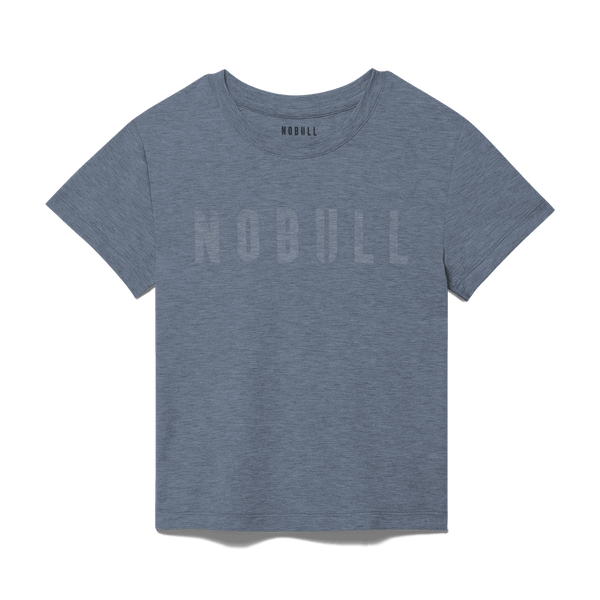Women's Dusty Blue Heather NOBULL Fitted Tee Flat Lay Angle.